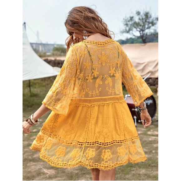 Floral Pattern Lace Swimsuit Coverup In Yellow - Picture 2 of 9